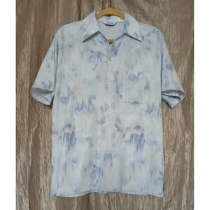 Vintage 1970s Lilly Dache Abstract Shirt Mens M Disco Geometric 70s White Blue